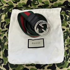 Authentic Gucci Web Green/Red Canvas Silver Interlocking G Buckle Belt 105/42