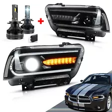 VLAND 2X Headlight For 2011-2014 Dodge Charger Dual LED W/ Strip Projector Lamp