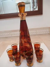 Bohemian Czech Cut To Clear Amber Crystal Decanter 6 Glasses Stag Tree Design