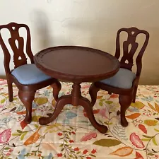 Real Wood Round Table and Two Chairs For Dolls or Bears 12" to 18"