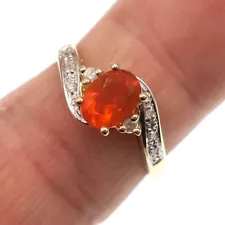 Classic 10k Solid Yellow Gold Natural Mexican Fire Opal and Diamond Ring Size 7