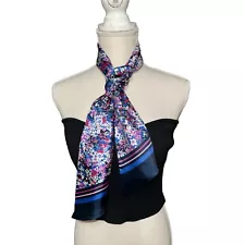 Silk Neck Scarf Womens One Size Navy Floral Hair Bag Hat Coat Tie Neckerchief