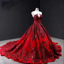 Wine Red Sequin Lace Wedding Dresses Satin A-line Bridal Gown Long Train Custom