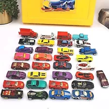 33 Vintage Old Mattel Hot Wheels Cars And Trucks With Real Toy Car Storage Box