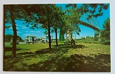 ca 1960s MA Postcard Cape Cod Bourne Bridge underneath vintage campers picnic