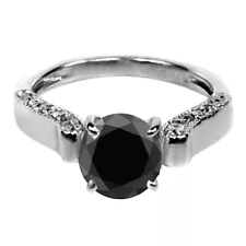 925 Sterling Silver Round Shape 2.40 Carat Natural Black Diamond Women's Ring