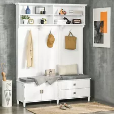 Hall Tree with Storage Bench with Storage Shelves, Cabinet and Drawers White