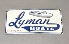 VINTAGE VRARE 18” LYMAN BOATS FISH HUNT PORCELAIN SIGN CAR GAS OIL TRUCK AUTO