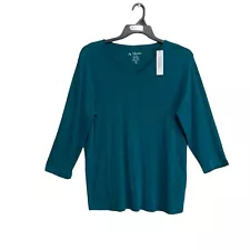 Chico’s T-Shirt Top Sz 3 US XL Teal Green V-Neck 3/4 Sleeve 100% Cotton NWT