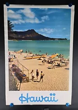 Hawaii Vintage 70s Poster Travel Decor Scenic Beach Sand Swim Boats 25.5x37.25