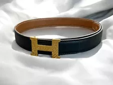 HERMES Constance Reversible Calf Leather Belt Black Brown Gold Authentic Japan