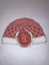 Handmade Crochet Baby Girl Hat 8”X 6” Peach White Pink