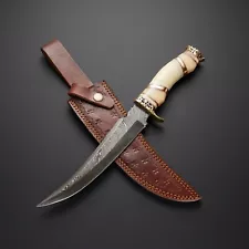 Damascus Steel hunting, Camel Bone Handle, Hunter knife, with Leather Sheath