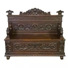 Antique Over Carved Hall Bench (1880s) - Exceptional Craftsmanship #22072