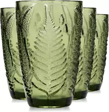 12 Oz Green Drinking Glasses Set of 4 - Boho Aesthetic Vintage Glassware, Textur