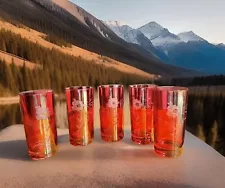 5 Vintage Federal Etched Bohemian Cranberry Ruby Red Glassware Drinking Glasses