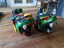 Vtg 2 Mexican handmade clay jaguar Aztec Death Whistles Jeweled Eyes 3.5 & 4"