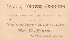 NORWALK, CT, 3 TRADE CARDS FOR MRS FAWCETT'S 1883 BONNET & HAT OPENING SALE