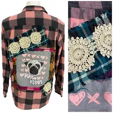 Upcycled Flannel Shirt Women Medium Dog Pugs & Kisses Pink Plaid Cottage Grunge