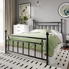 Queen Metal Bed Frame, Victorian Style Iron-Art Headboard & Footboard, Black