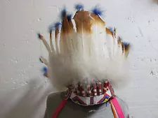 NATIVE AMERICAN BEADED CHIEFTAN HEADRESS BEADWORK 23 INCHES AROUND REAL FEATHER