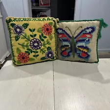 Vintage Handmade Throw Pillows 2 Yarn Needle Work Butterfly & Floral 11” X 11”