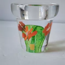 Johans fors Swedish Signed Glass Crystal Candle Flowerpot with Sticker Signed