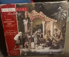 EUC Nativity Lg deluxe set Living Home creche handpainted porcelain Fabric 14 pc