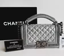 New Chanel Metallic Silver Calfskin Quilted Small Boy Handle Flap Bag