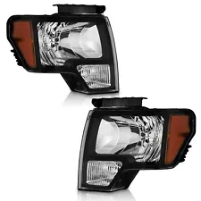 WEELMOTO Pair Black Left & Right Headlights For 2009-2014 Ford F-150 F150 Pickup