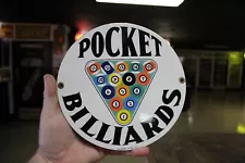 RARE POOL HALL POCKET BILLIARDS DEALER PORCELAIN METAL SIGN 8 BALL BAR BRUNSWICK