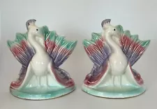 Set of 2 Vintage Peacock Ceramic Pottery Planter Vase Bird Multicolored Feathers