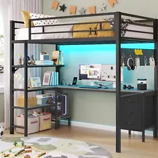 Loft Bed Twin Size with L-Shaped Desk Charging Station and 13.4" H Safety Guard