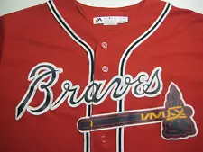 Atlanta Braves Polyester Jersey Red Majestic Size 2XL Small Hole- Ships FREE!