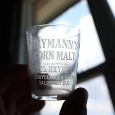 Antique Paul Heymann’s Corn Malt Whiskey Shot Glass Salisbury NC Chattanooga TN