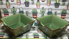 2 Pottery Barn Asian Square Green Noodle Soup Bowls Made in Japan 6”, EUC