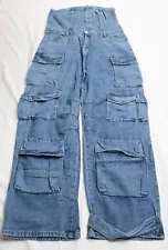 Loragal Women's Strapless Flap-Pocket Denim Cargo Jumpsuit LB3 Blue Size XL