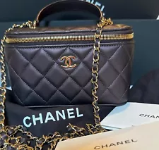 CHANEL Top Handle Vanity Case with Chain Quilted Dark Purple Iridescent Lambskin