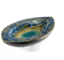 Arts and Crafts Iridescent Glazed Ceramic Brutalist Bowl 13 x 7.6 x 2.2 inches