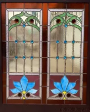 Victorian Style Stained Leaded Glass Window w/ Jewels 53" x 46"