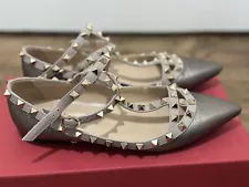 Valentino T-Strap Rockstud Ballet Flats in Pewter Leather Sz 37.5