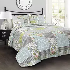 King-Blue Roesser Quilt | Patchwork Floral Reversible Print Pattern Country Farm