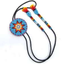 Turquoise Blue Seed Beaded Bolo Tie 3 Inch Handmade Star Beadwork