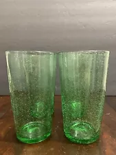 Hand Blown Highball Drinking Glasses Tumbler Emerald Green Seeded Bubbles 16 oz