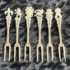 6 Vintage Pewter? Sterling Silver? Appetizer Forks - Knight, Castle, Dragon…