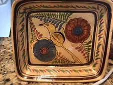 Vintage MEXICAN TLAQUEPAQUE Pottery Rectangle Clay Dish Folk Art Yellow Bird