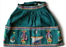 Vtg 1980's Guatemalan Textile Apron Embroidered Pockets 100% Cotton Costume Teal