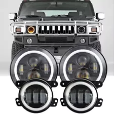 For Hummer H2 H3 H3T 06-10 7" LED Headlights 4" Fog Lights Combo Halo Angel Eyes