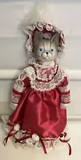 Vintage Victorian Porcelain Tabby Cat 9" Doll in Red Lace Dress Estate Sale!