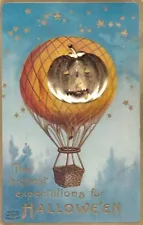 VINTAGE HALLOWEEN POSTCARD SIGN CLAPSADDLE HOT AIR BALLOON ADD ON METAL PUMPKIN